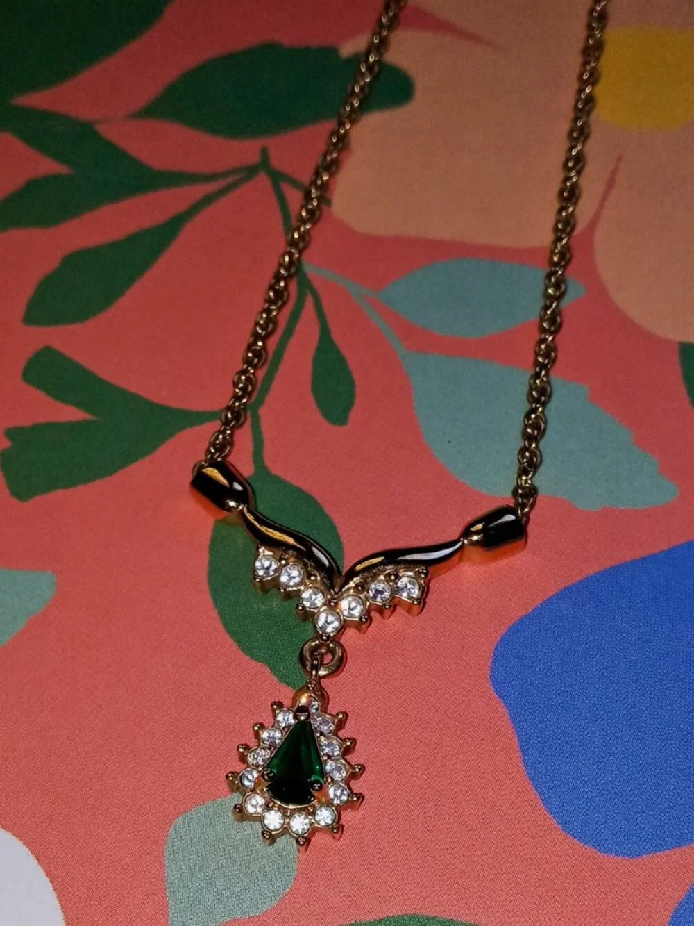 ROMAN Green Gem & Gold Plated Matching Necklace & Earrings Set Worn Once!